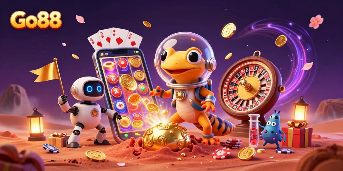 Go88 casino adventure with colorful gaming elements, featuring a Martian gecko and robot rover.