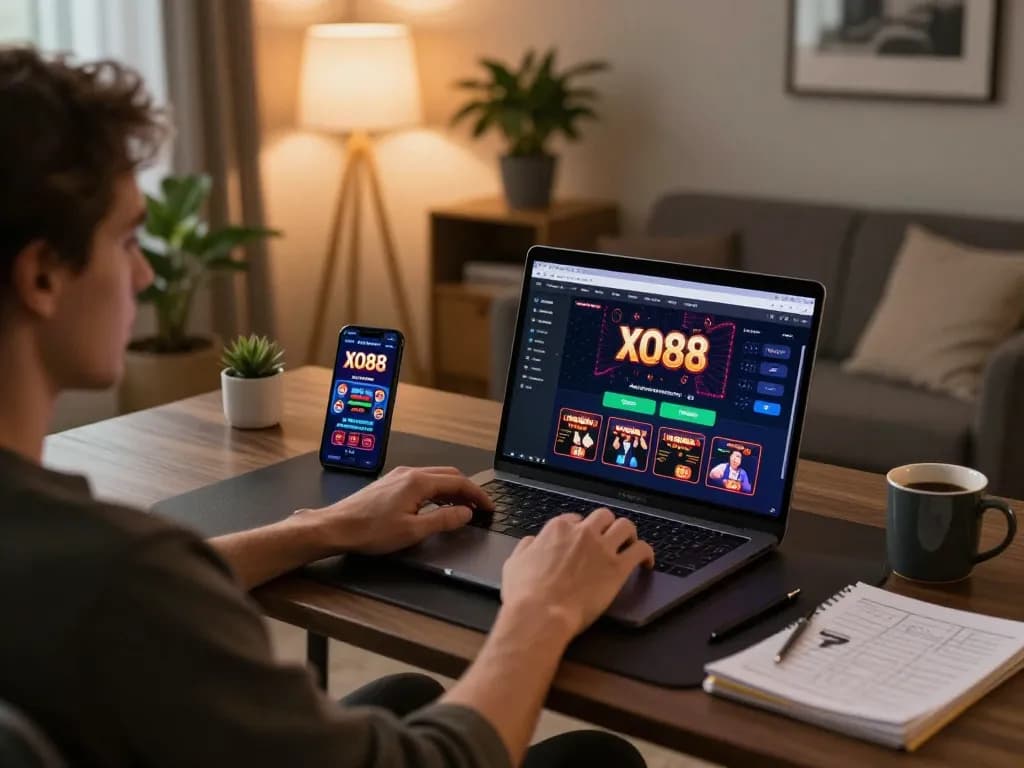 Engaged player enjoying live dealer games at XO88 on a sleek laptop, showcasing an inviting gaming environment.