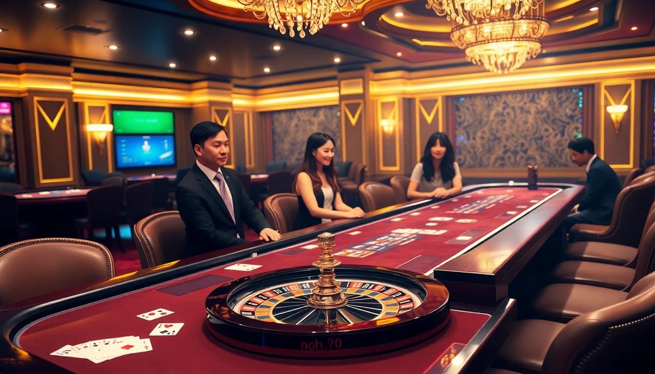 Exciting gameplay at the NOHU90 casino, featuring a live dealer table and vibrant poker chips.