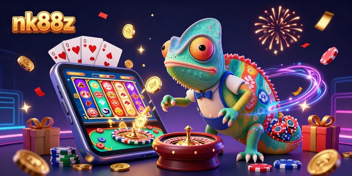 Engage in exciting gaming with nk88z's colorful slot world featuring golden coins and vibrant characters.