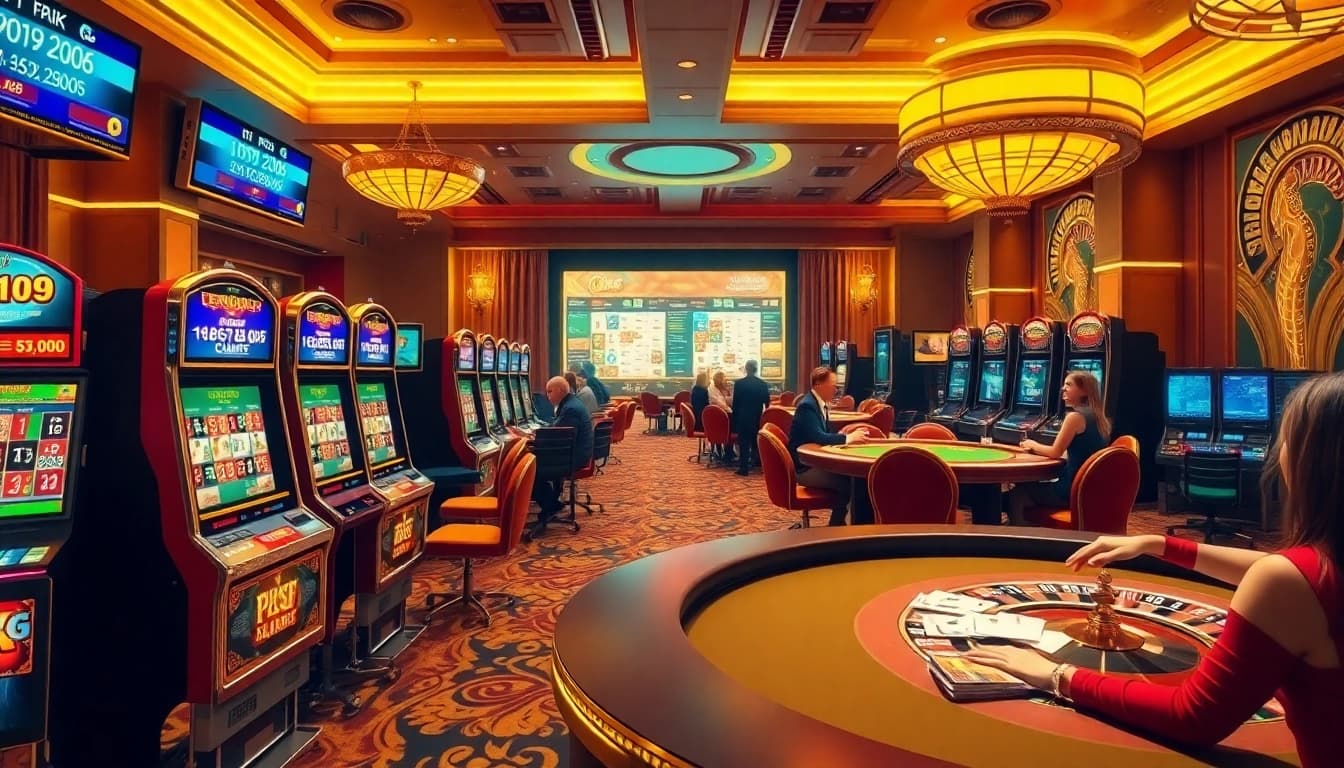 Experience the excitement at okfun's luxurious casino with vibrant slot machines and poker tables.