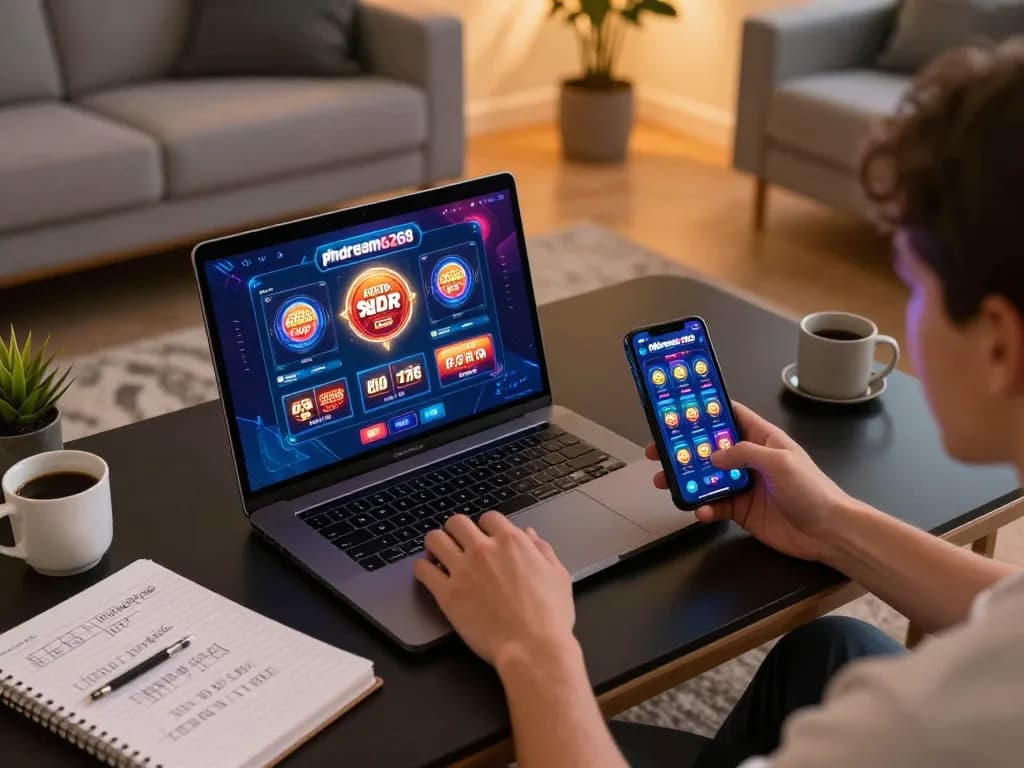 PHDREAM6268 gaming session with smartphone and laptop in cozy home setting