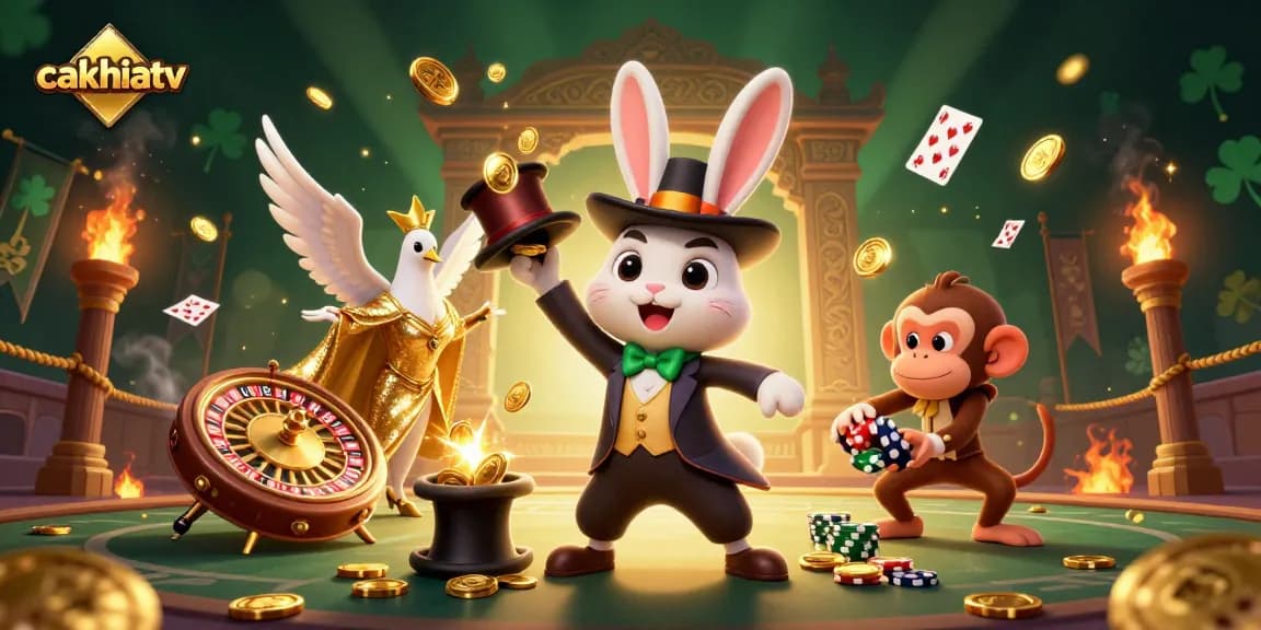 CakhiaTV brings excitement to online gambling with this vibrant illustration featuring a magician rabbit, dove, and monkey.
