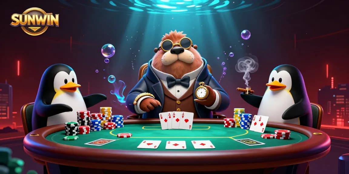 SUNWIN jolly walrus playing poker underwater with detailed chips and cards, vibrant and engaging scene