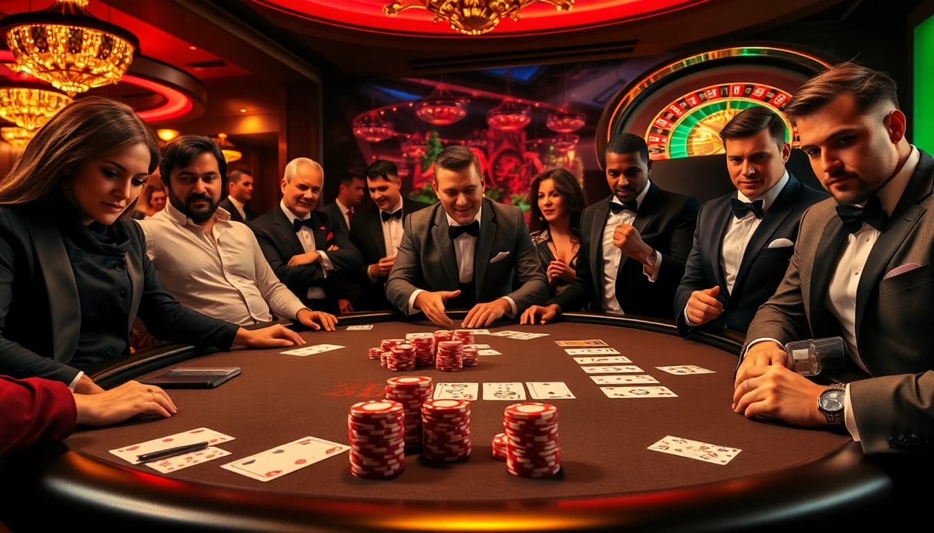 B52Club poker table scene conveying excitement with professional gamblers engaged in play.