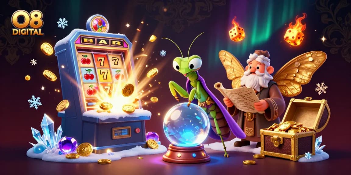 O8 DIGITAL showcases a vibrant casino scene with slot machines and fortune tellers for thrilling gaming.