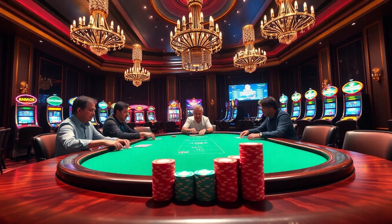 Players enjoying high-stakes poker at a luxurious casino, reflecting the excitement of hm88 gaming experience.