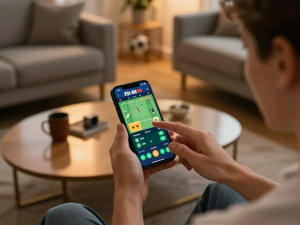 Engaged user placing live bets on rr 88 sports app while relaxed at home during game.