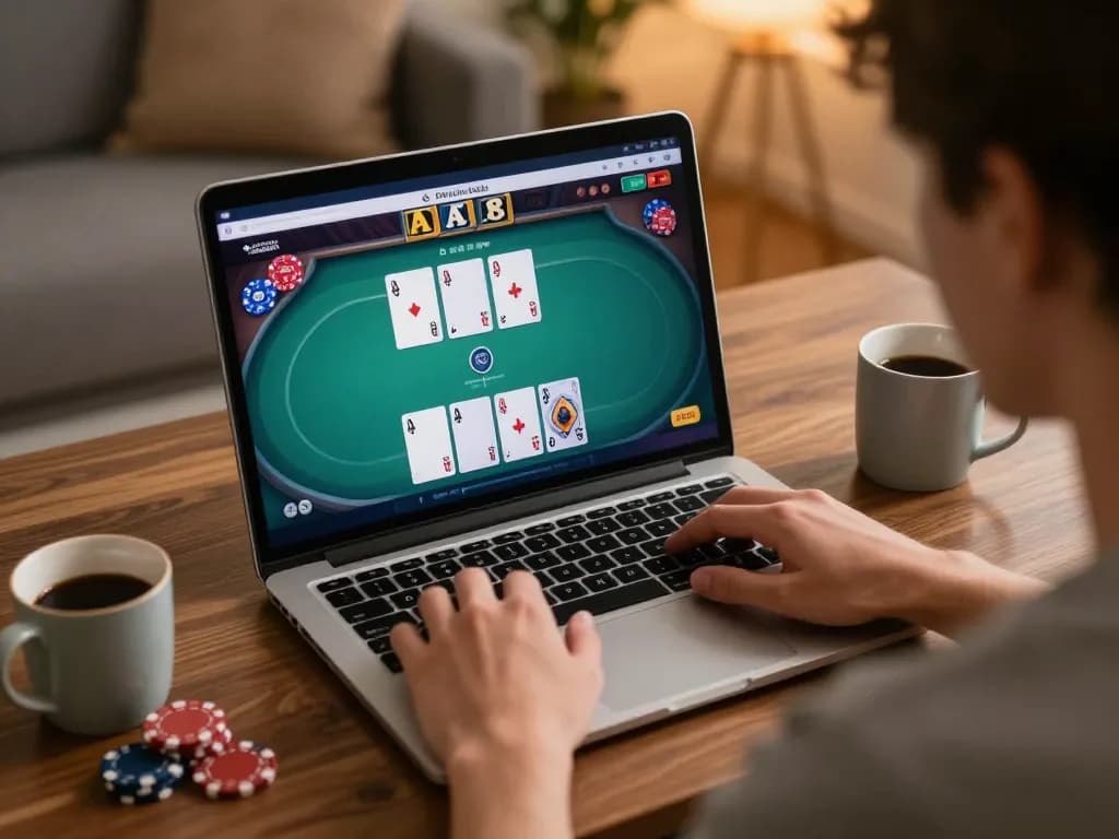 Engaging in an online poker game at home with nk88 on the screen, showcasing strategic gameplay