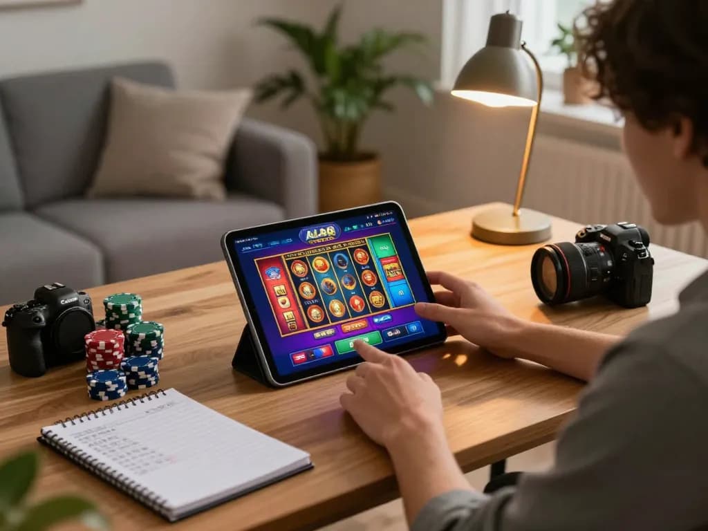 Engaging with ALO8 STUDIO on a tablet for online casino gaming, cozy home setup featuring strategic notes.