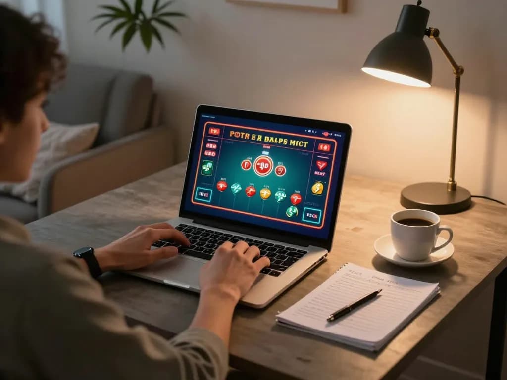 Engaging in online poker at UU88 with vibrant graphics and cozy home setting.