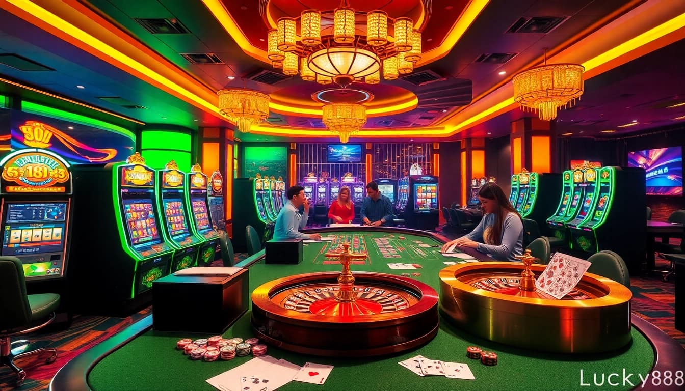 Experience thrilling gameplay at lucky88 with vibrant slot machines and colorful casino tables.