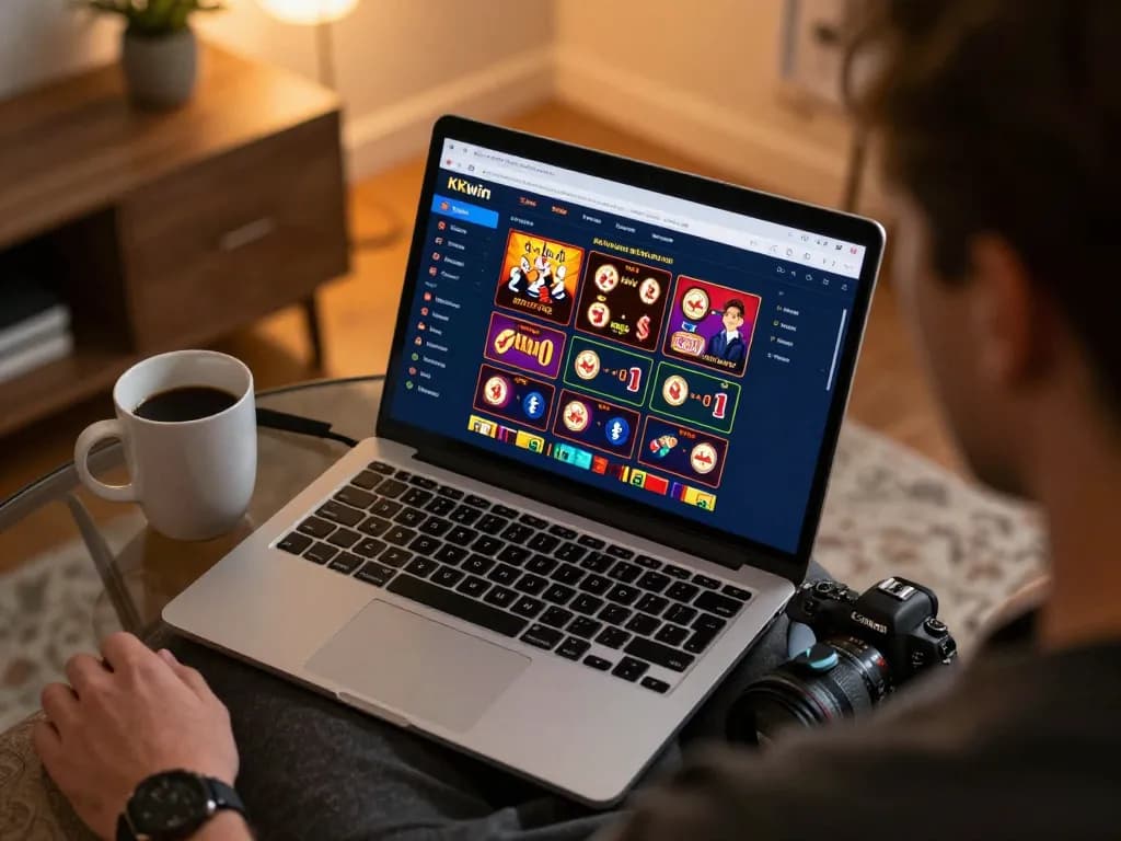 Player engaging in online gambling on KKwin with laptop showing game interface, creating a comfortable and strategic atmosphere.