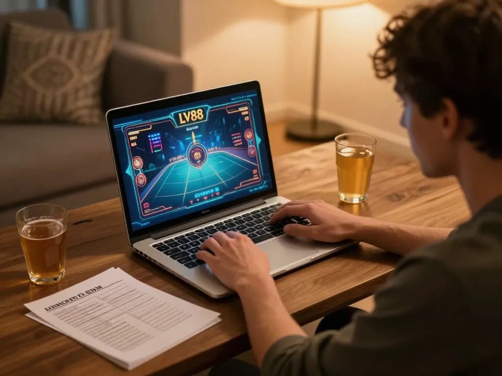 Player engaged in an online LV88 casino session using a laptop in a cozy home environment.