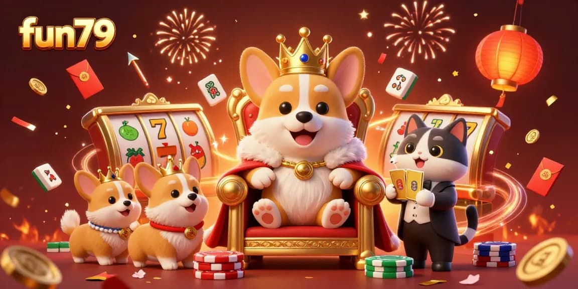 Experience the excitement of fun79 with a royal corgi reigning over slot machines and festive elements.