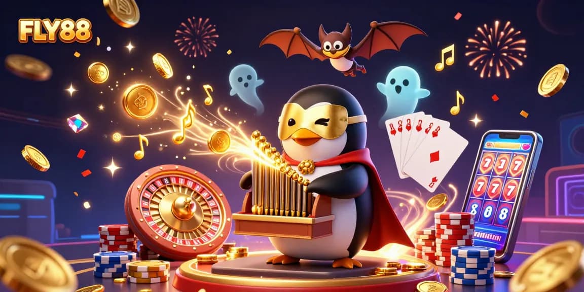 FLY88 captivates players with vibrant golden coins and dynamic casino characters for a thrilling gambling experience.