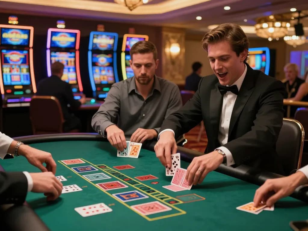 Players engaging in high-stakes blackjack at GG88's casino floor, showcasing excitement and vibrant atmosphere.
