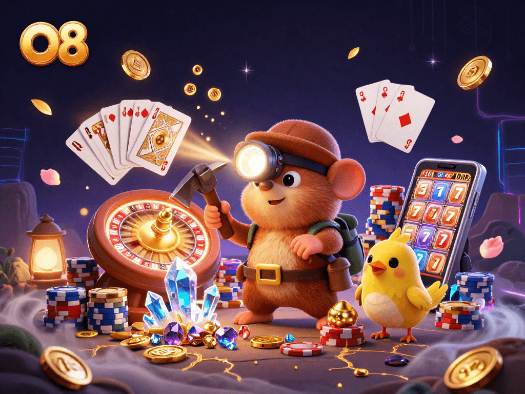 O8 jackpot excitement with a treasure hunter mole in a vibrant casino scene