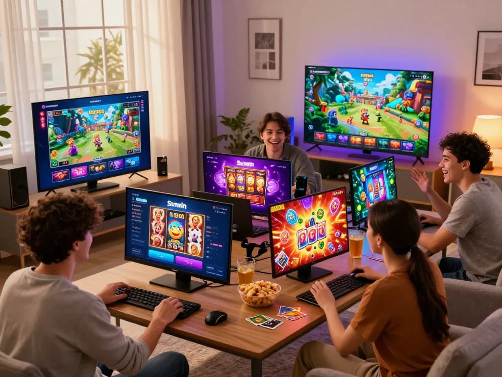 Friends enjoying diverse Sunwin games in a cozy living room.