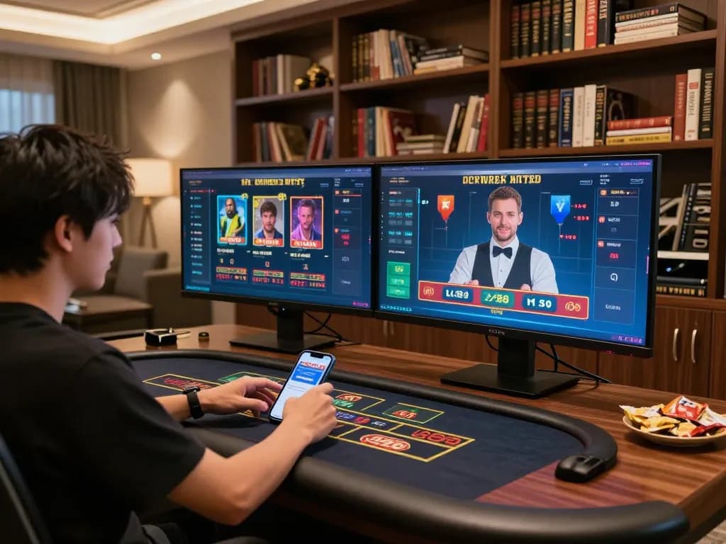 Player engaged in online casino gaming at https://lc88.jpn.com/ with dual screens showcasing games and betting apps.