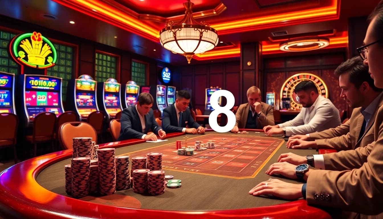 Engaged players at a luxurious poker table in a vibrant go8-themed casino setting.