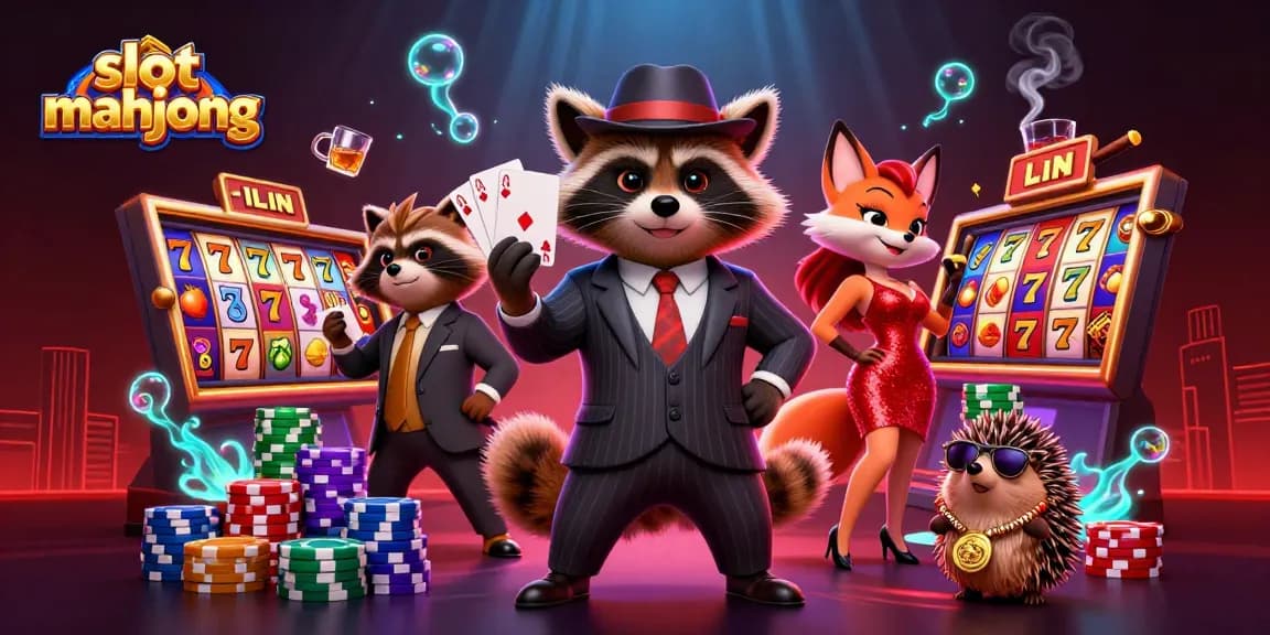 Engage with slot mahjong excitement featuring raccoon and fox characters at a dynamic slot machine scene.