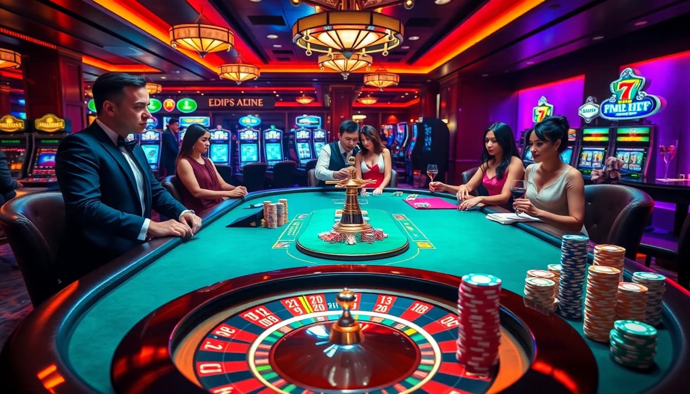 Players engage in high-stakes poker at KP88, showcasing excitement in a vibrant casino.