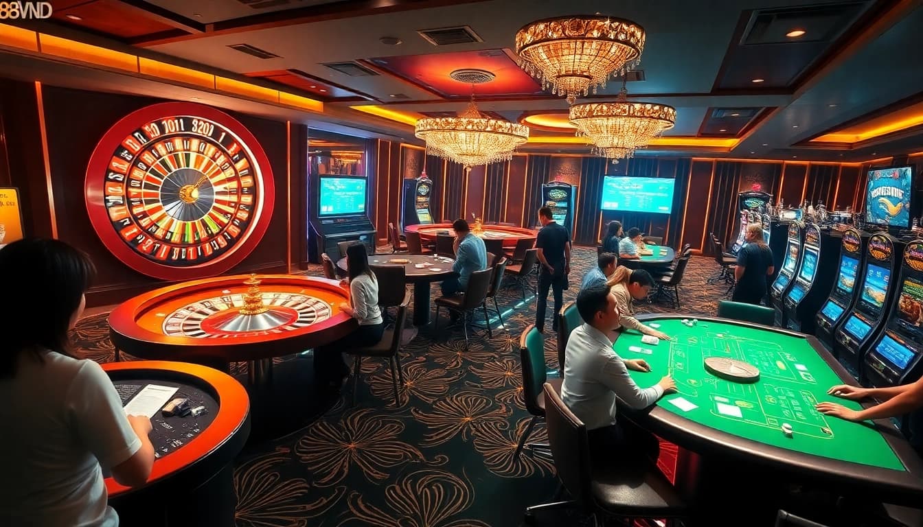 Experience the thrilling atmosphere of gambling at 888VND with vibrant casino games and eager players.