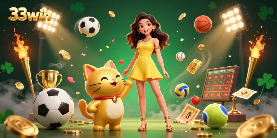 Experience thrilling sports betting at 33win with golden elements and vibrant characters!