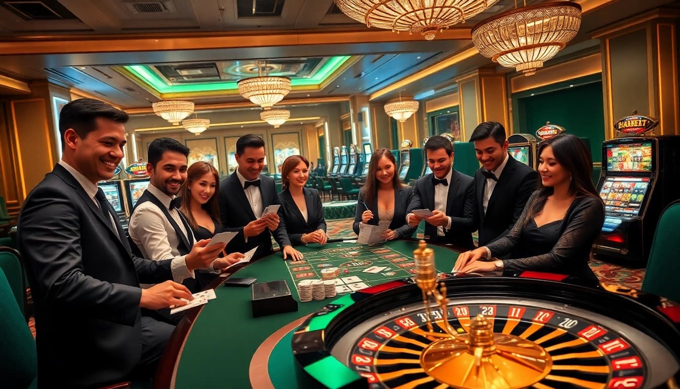 Experience luxury gaming at FABET with lively dealers, poker chips, and roulette excitement.