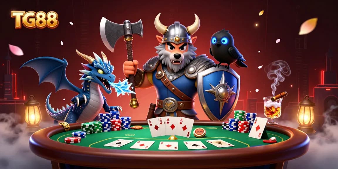 Engage in thrilling battles at TG88 with the Viking wolf, dragon, and poker features illustrated