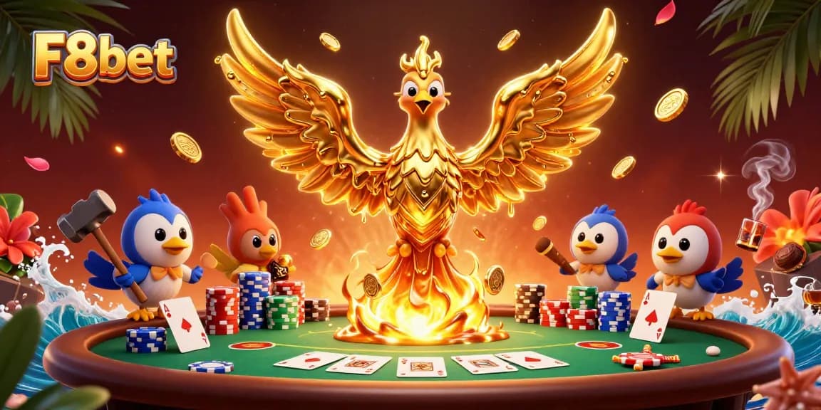 Experience winning with F8bet in this vibrant 3D casino scene filled with poker action and golden rewards.