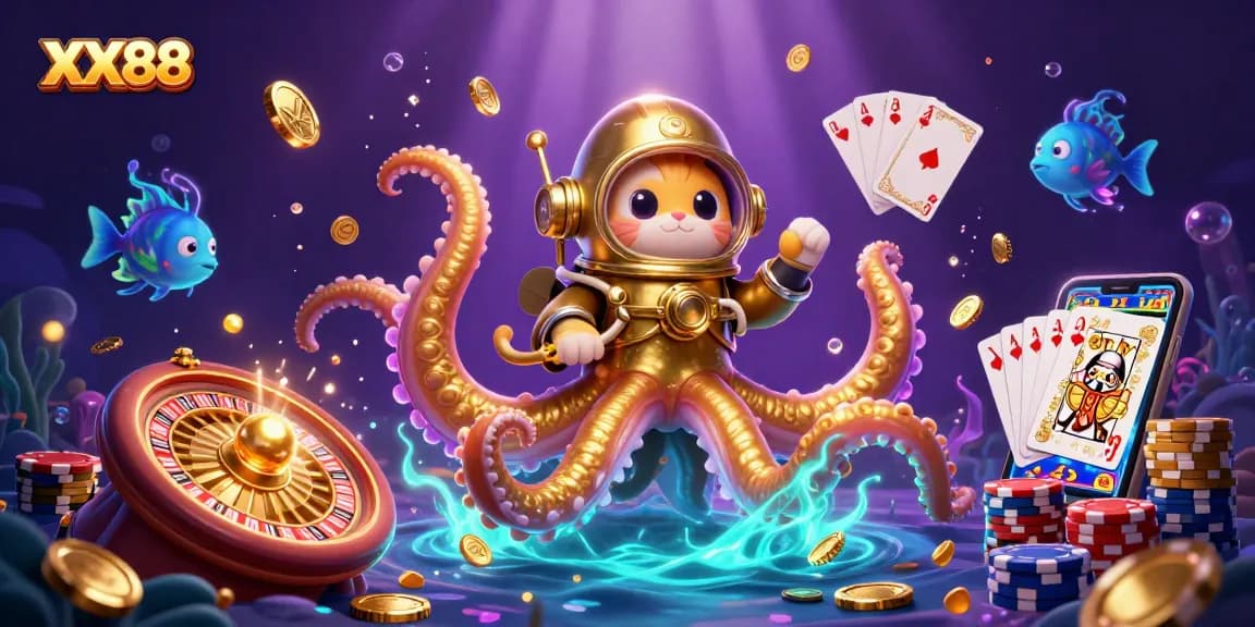 Experience thrilling games at XX88, featuring a kraken, a diving cat, and vibrant casino elements.