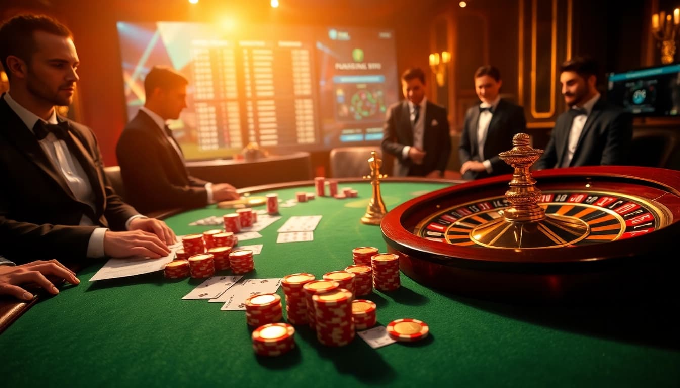 The hidden wiki themed casino scene showcasing an elegant poker table with vibrant chips and warm lighting.