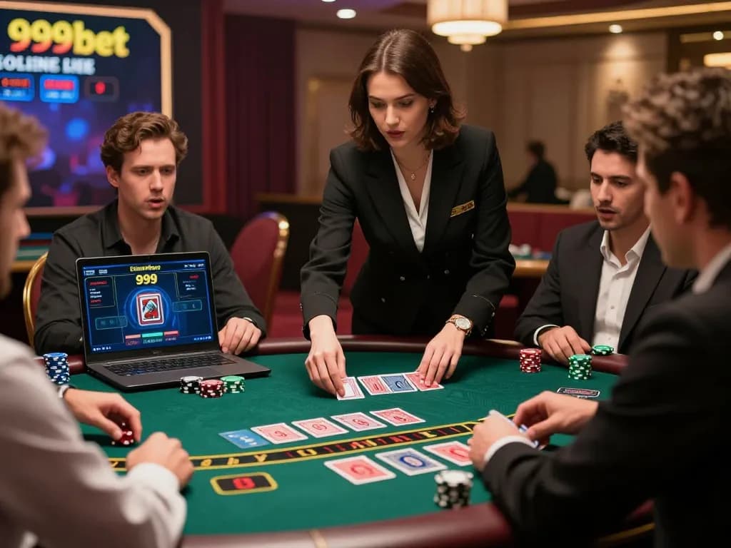 Players enjoy a thrilling blackjack game at 999bet virtual casino, showcasing lively dealer action and exciting gameplay.