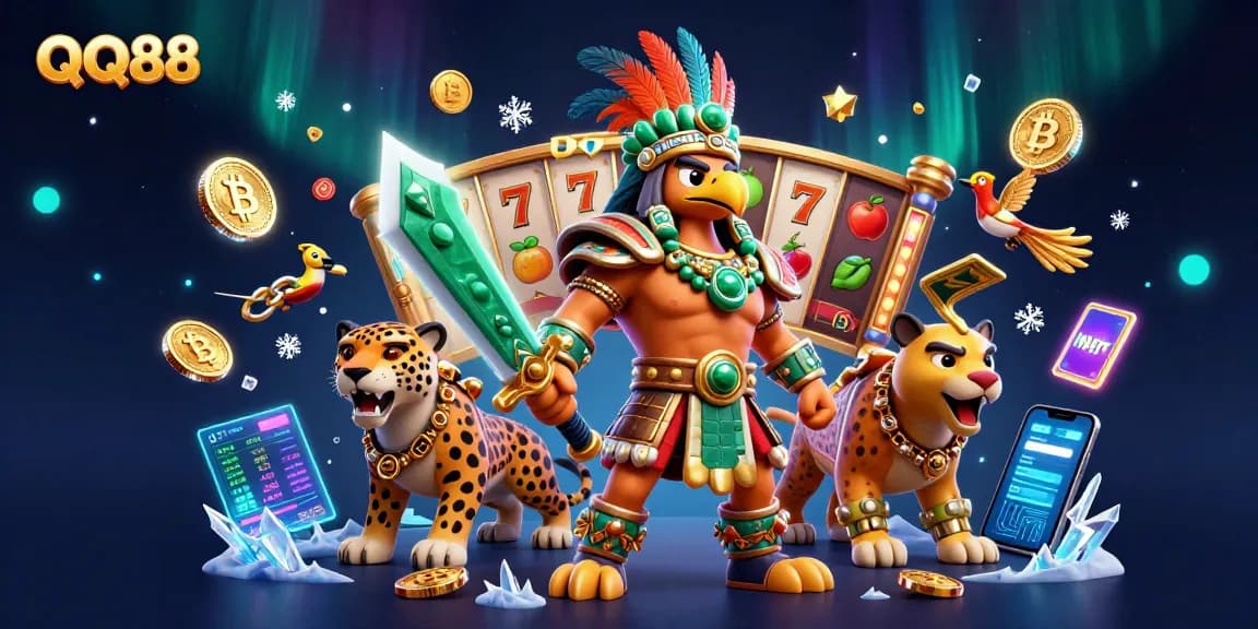 Play thrilling slots and crypto games at QQ88, featuring vibrant characters and dynamic casino elements.