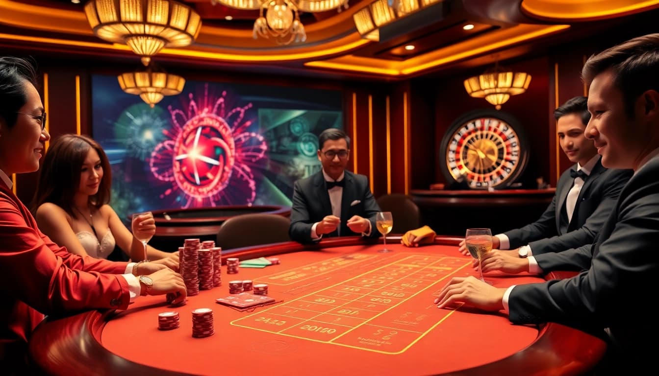 Experience the excitement of Baccarat at XX88's lavish casino tables with vibrant poker chips.