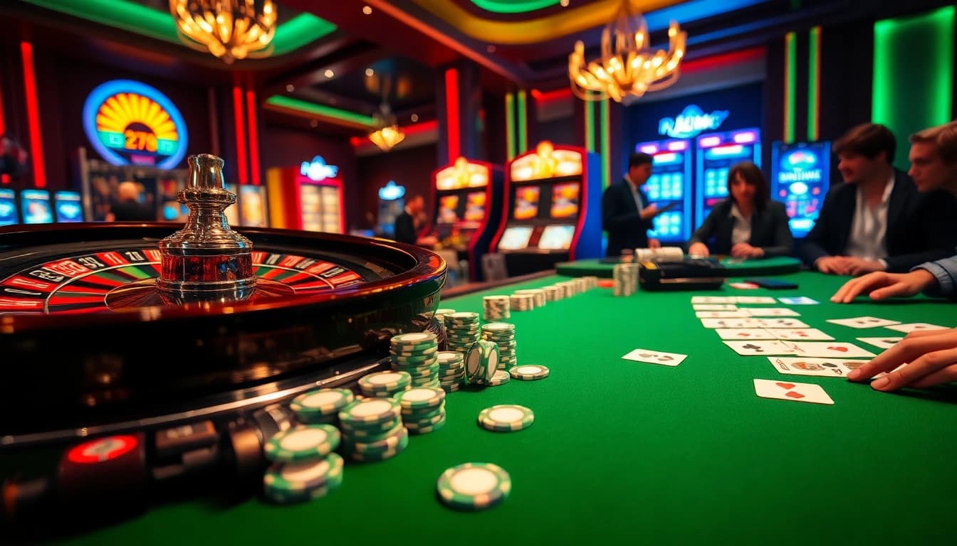 Experience the thrill of RR88 casino action with poker chips and roulette games in a vibrant setting.