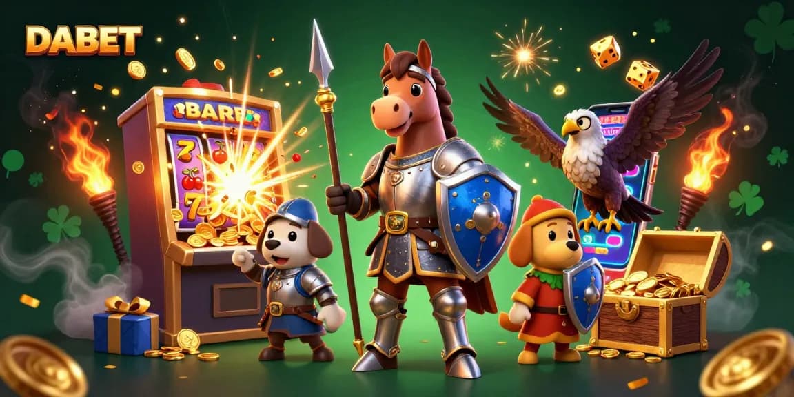 DABET engages gamers with a vibrant scene of a knight and puppy amidst casino thrills