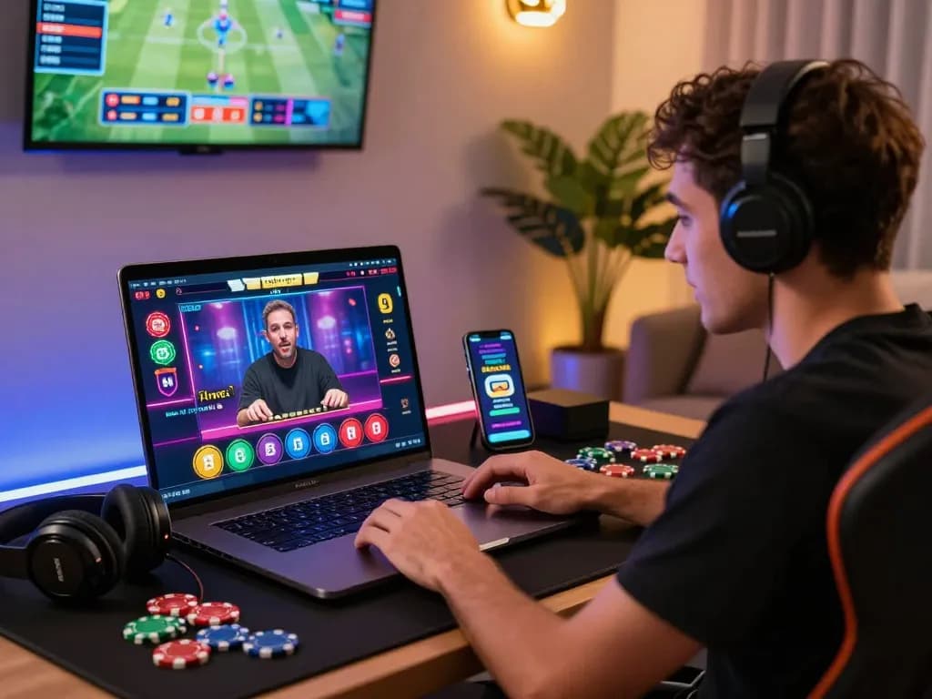 Engaged player at trang chủ C168 interacting with live dealer in vibrant online casino.