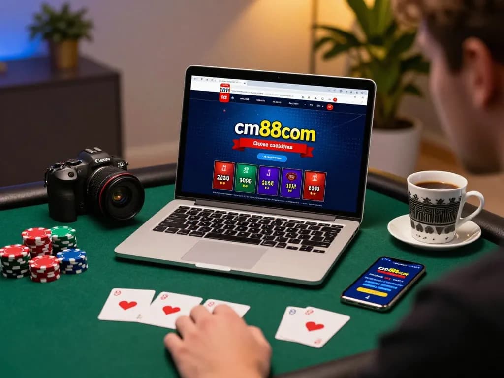 Player engaging with cm88com on laptop amidst poker chips in a modern gaming setup.