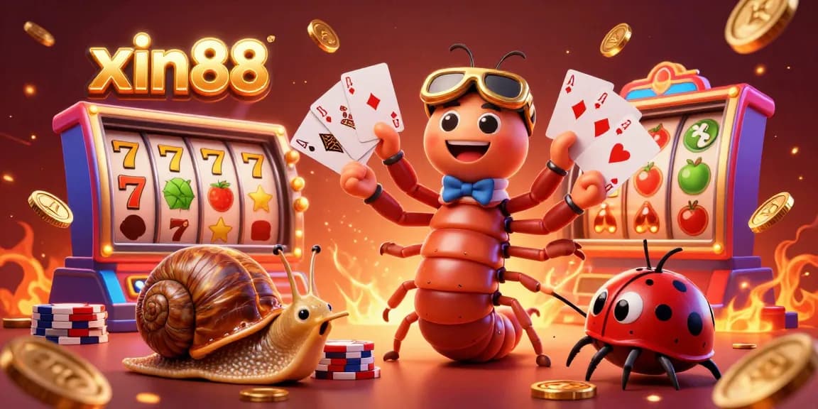 Experience the excitement of xin88 with a dynamic casino scene showcasing vibrant slot games and a cartoon dealer.