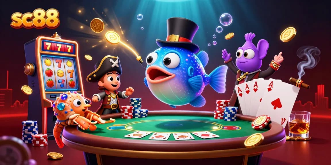 sc88 showcases a lively poker scene with a magical anglerfish, pirate shrimp, and gem snail spinning slots for treasure.