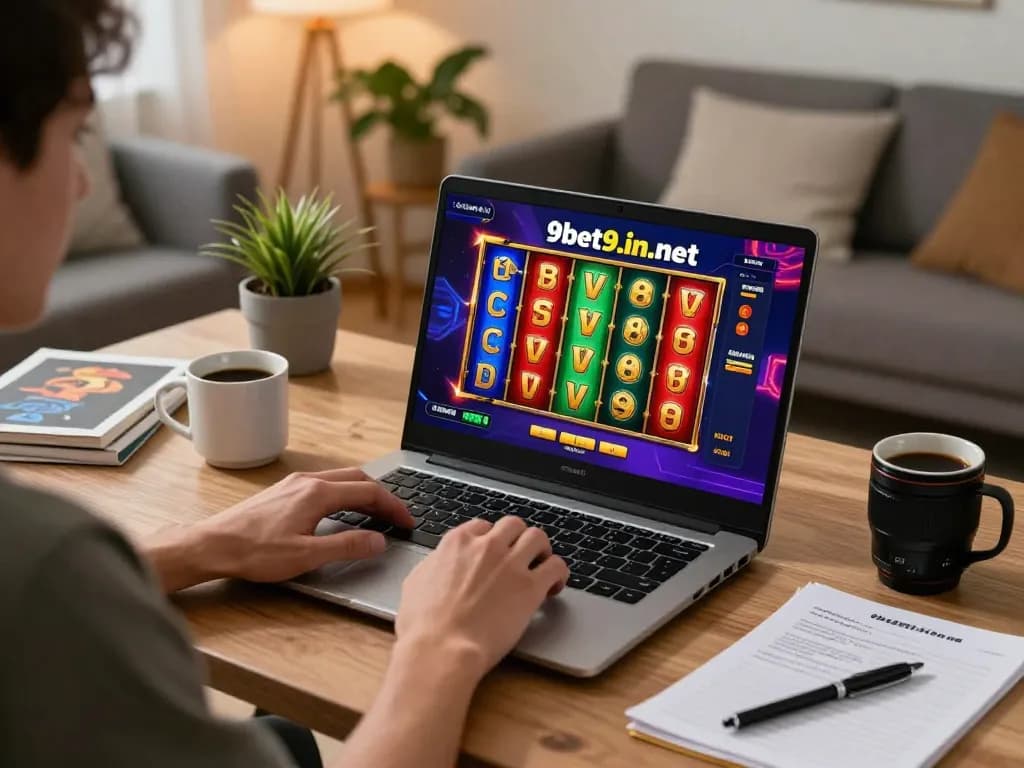Engaged player on laptop at home playing online slots from https://9bet9.in.net in a cozy atmosphere.