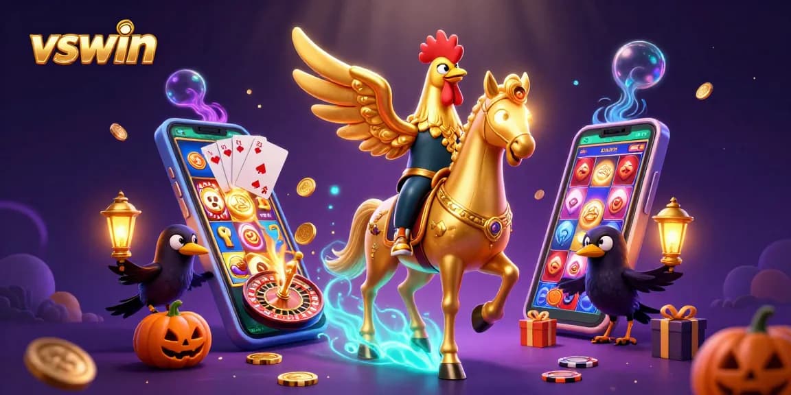 Engage with vswin's exciting casino experience alongside a golden rooster in a lively gaming scene.