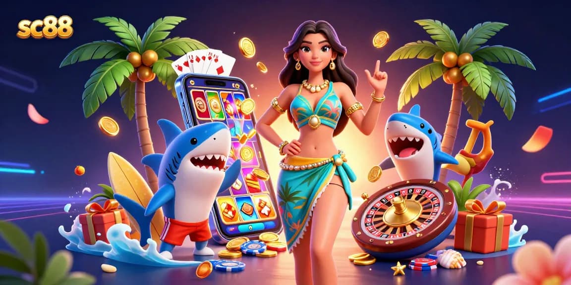 Engage in thrilling gaming action with sc88, featuring slot games, a beach goddess, and vibrant casino elements.