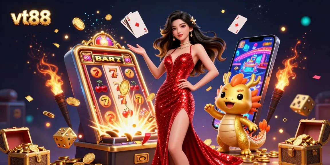 Experience wins at vt88 with a captivating gaming scene featuring a dazzling Asian woman and golden dragon.