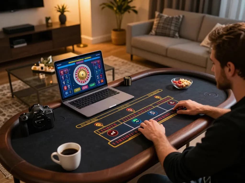 Person enjoying an online live dealer game at OK365 with strategic ambiance and cozy home setup