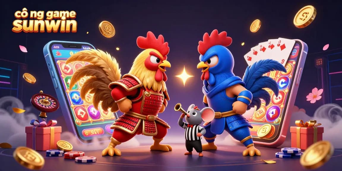 Engage with cổng game sunwin's thrilling showdown featuring roosters and vibrant casino elements.