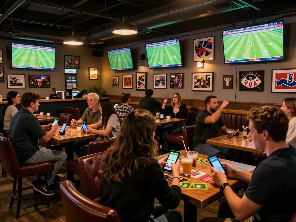 Cà khịa tv fans enjoying live sports betting atmosphere in a vibrant sports bar setting